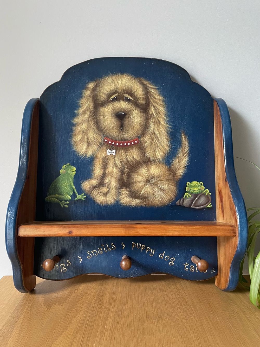 Vintage Hand-Painted Puppy Wall Shelf With Hanging Pegs Signed